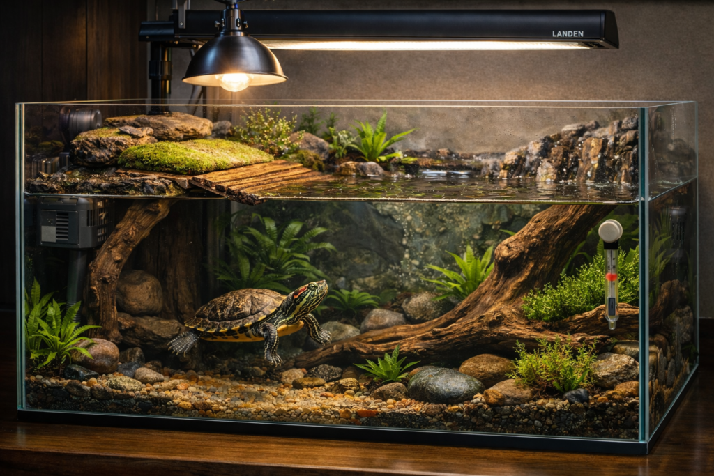 Juvenile red-eared slider turtle in a large Landen rimless aquarium with basking dock and UVB lighting