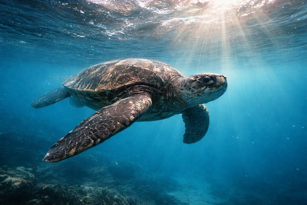 The biggest turtle species ever recorded swimming near the ocean surface, showing its massive size and powerful flippers