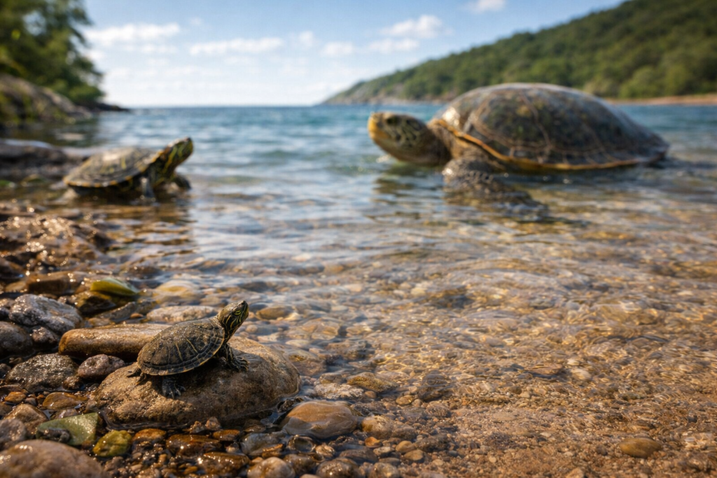 Small turtles near the shoreline with a larger turtle in shallow water, showing size differences in a natural habitat