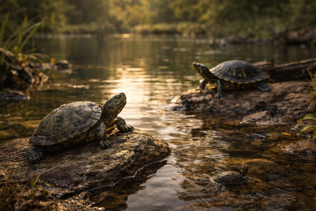 Turtles resting on rocks in shallow freshwater with sunlight reflecting on the water in a natural habitat