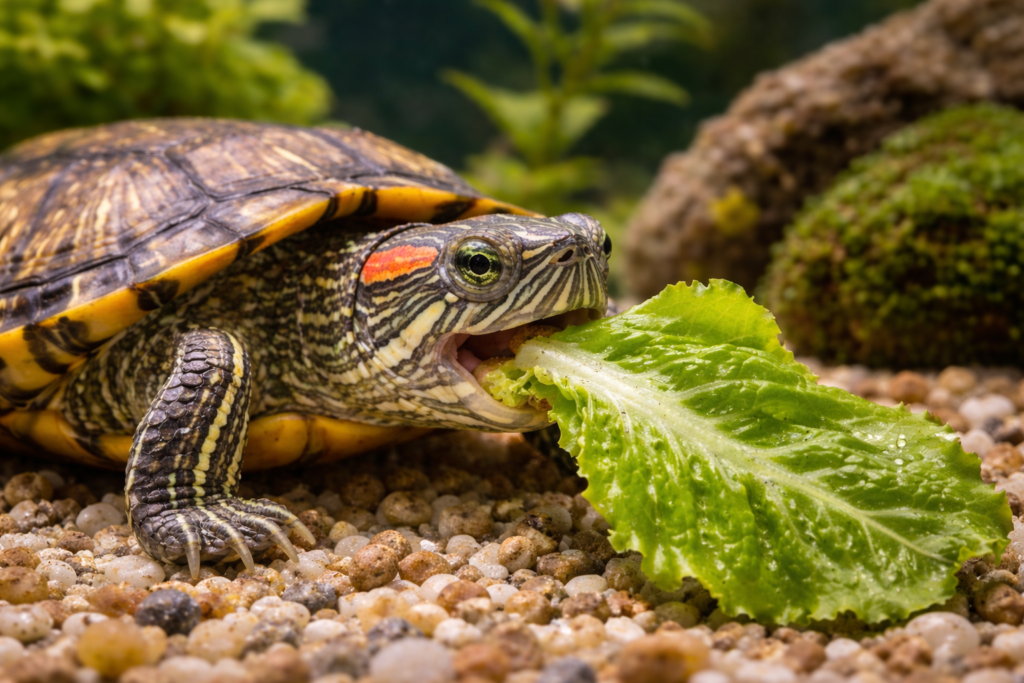 Red eared slider eating fresh lettuce
