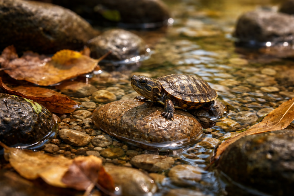 Small turtle in the wild moving through leaf litter, highlighting its tiny size and camouflage