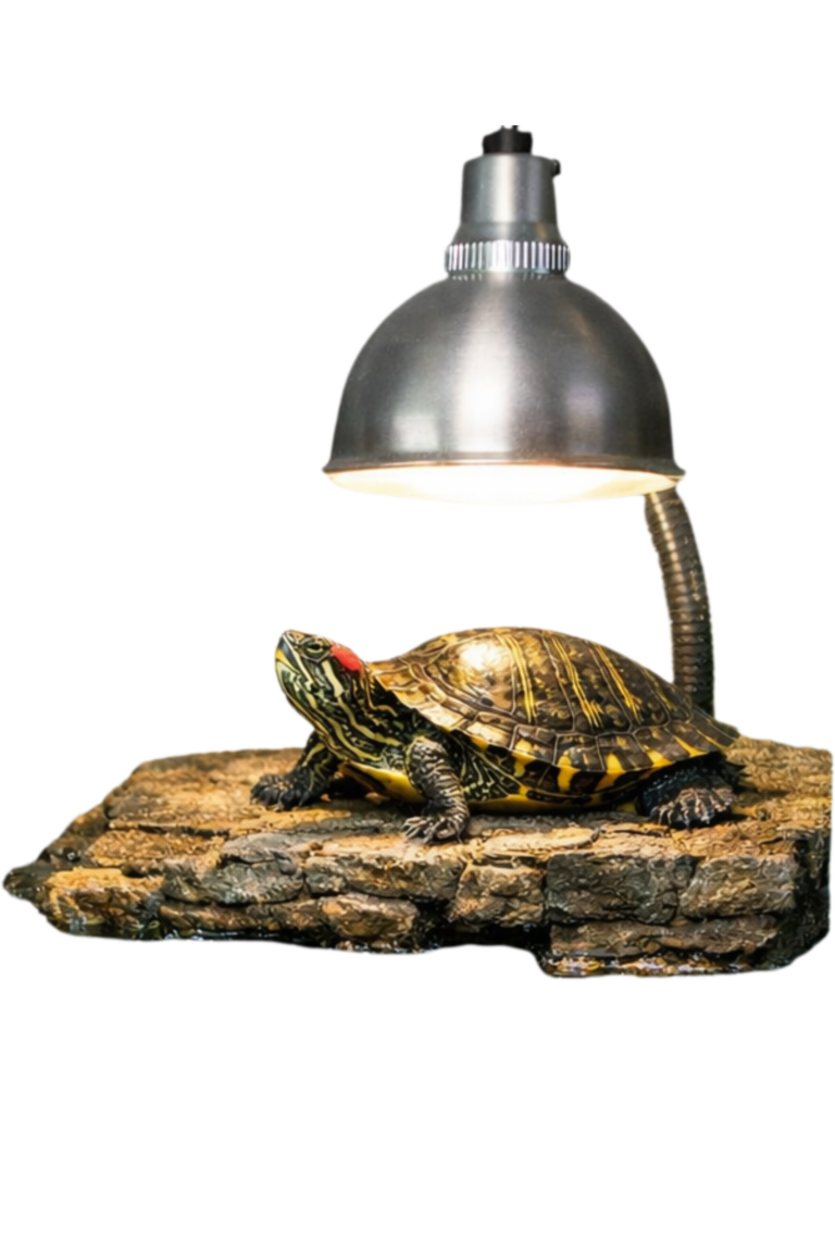 pet turtle basking under heat lamp