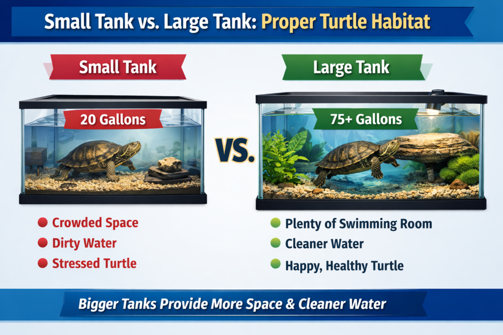 turtle tank size comparison showing small tank versus large tank for turtles
