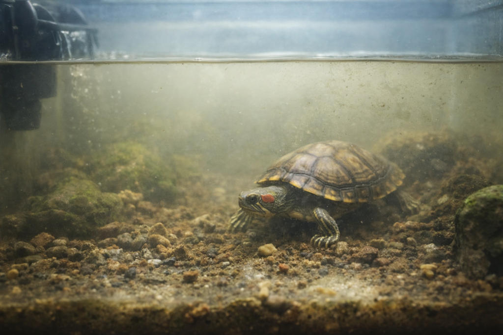 Cloudy turtle tank water with visible waste buildup caused by heavy turtle waste production