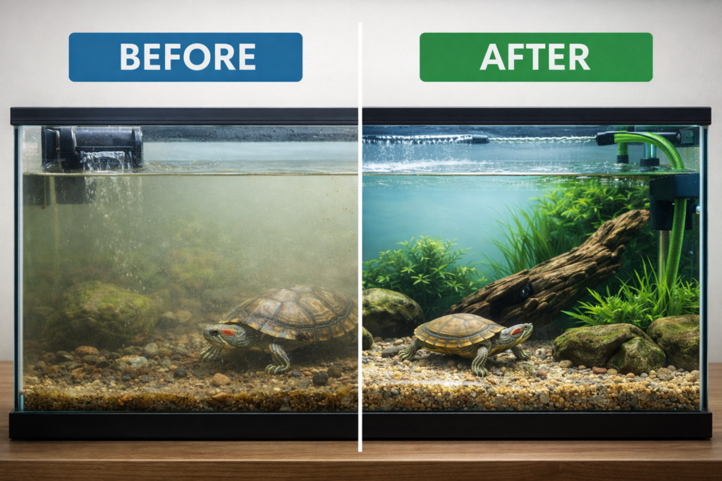 Before and after comparison showing how proper filtration keeps a turtle tank clean
