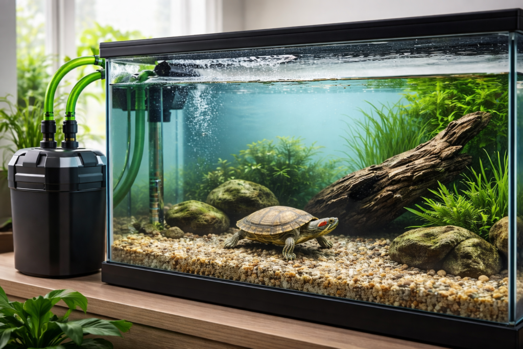 Clean turtle tank with clear water using a strong canister filter for proper filtration