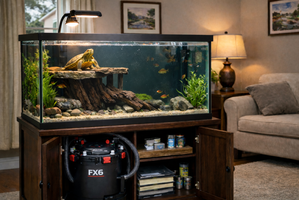 Red-eared slider turtle basking inside a large aquarium with UVB lamp and Fluval FX6 filter