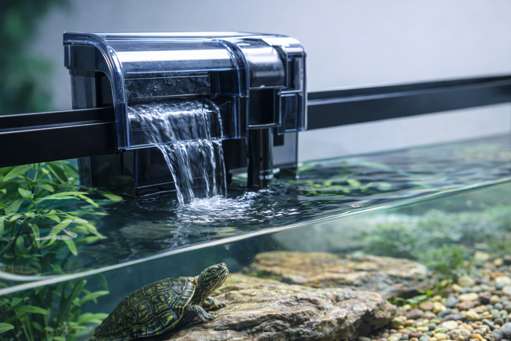 Hang-on-back aquarium filter installed on a turtle tank with clear water flowing back into the aquarium