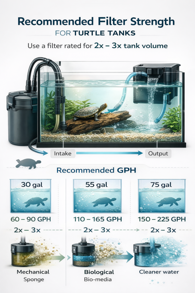 Infographic showing recommended turtle tank filter strength with 2x–3x tank volume rule and GPH guide for 30, 55, and 75 gallon aquariums