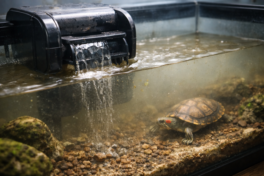 Small hang-on-back filter struggling to keep a turtle tank clean due to underpowered filtration