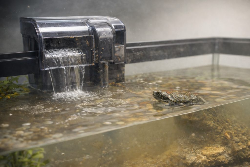 Cloudy turtle tank water with visible waste buildup and a small hang-on-back filter struggling to keep the tank clean