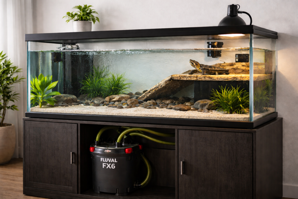 75 gallon turtle tank with oversized canister filter and strong water circulation