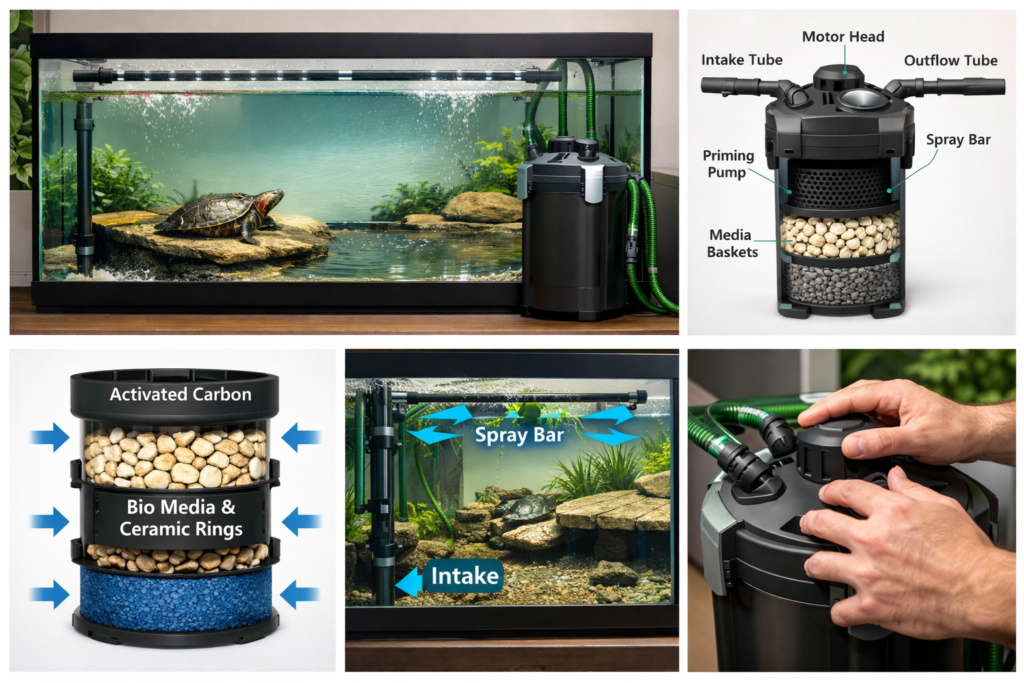 Canister filter installed on a turtle tank with proper intake and spray bar placement