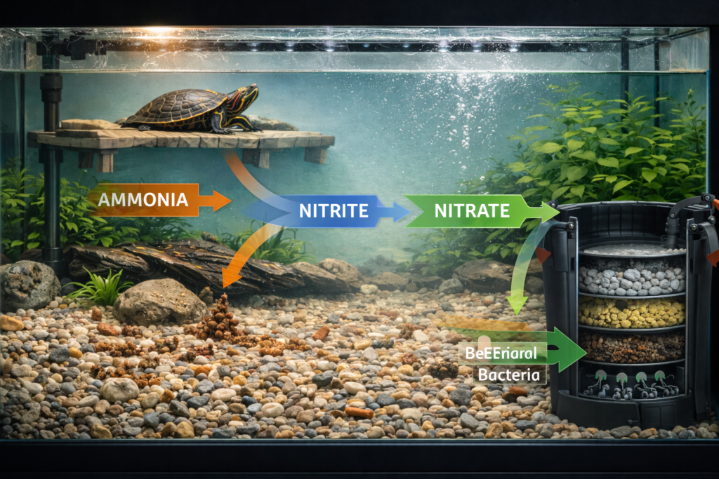 Clean turtle tank with crystal clear water maintained by proper filtration