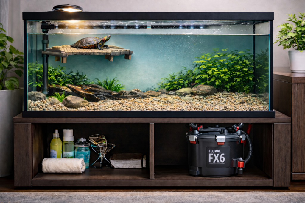 Fluval FX6 canister filter installed under a large turtle tank with red-eared slider basking on dock and strong water circulation