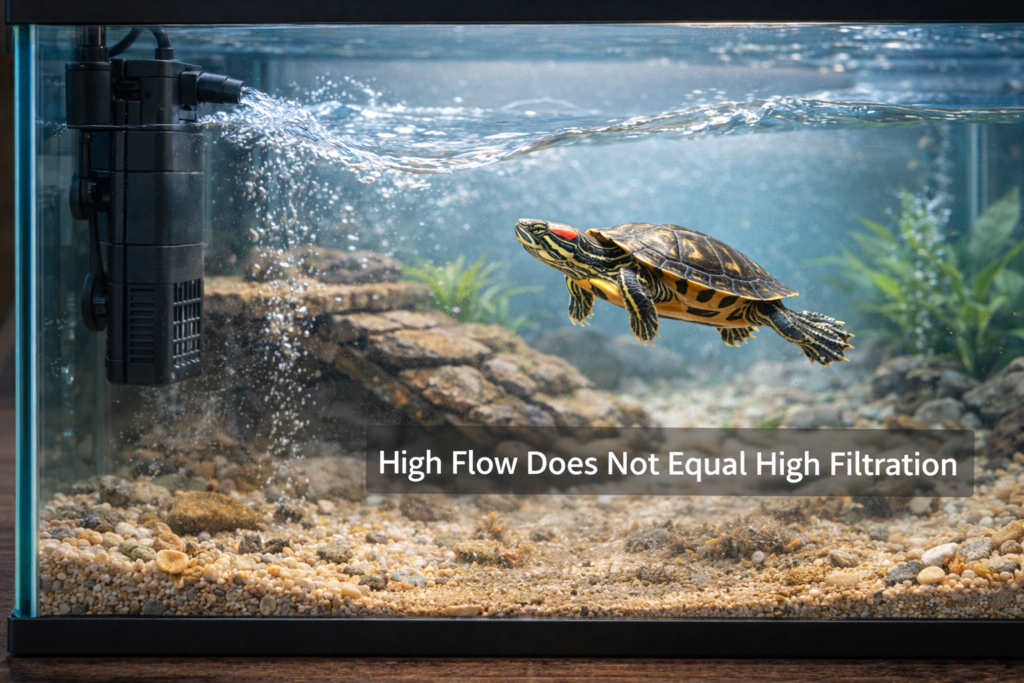 strong water flow from internal filter but debris remains in turtle tank