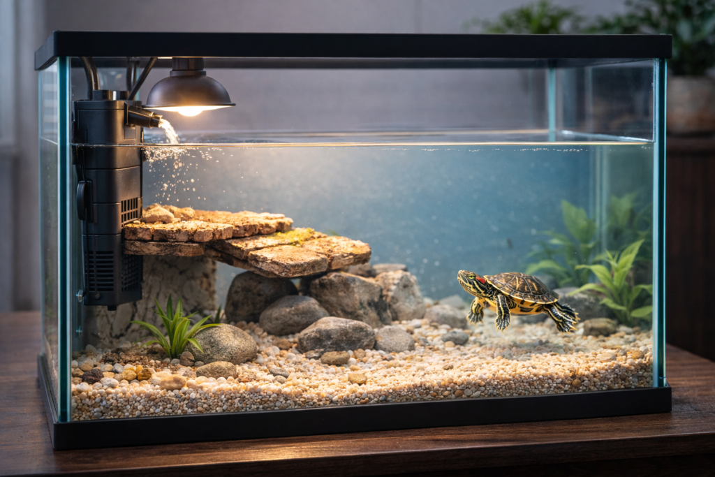 internal filter in 20 gallon hatchling turtle tank setup