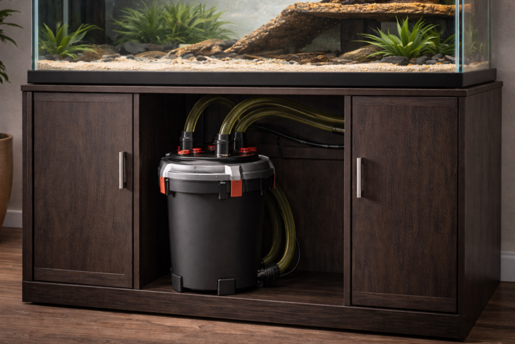 mid size canister filter supporting 75 gallon turtle tank setup