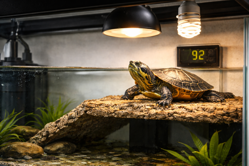 red eared slider basking under UVB and heat lamp at proper temperature