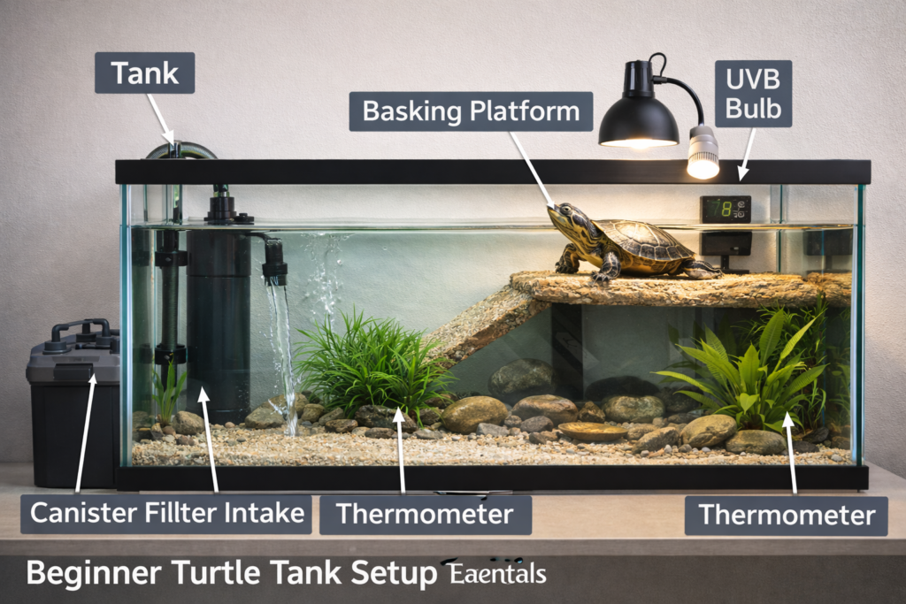 essential turtle tank equipment including filter, basking lamp and UVB lighting