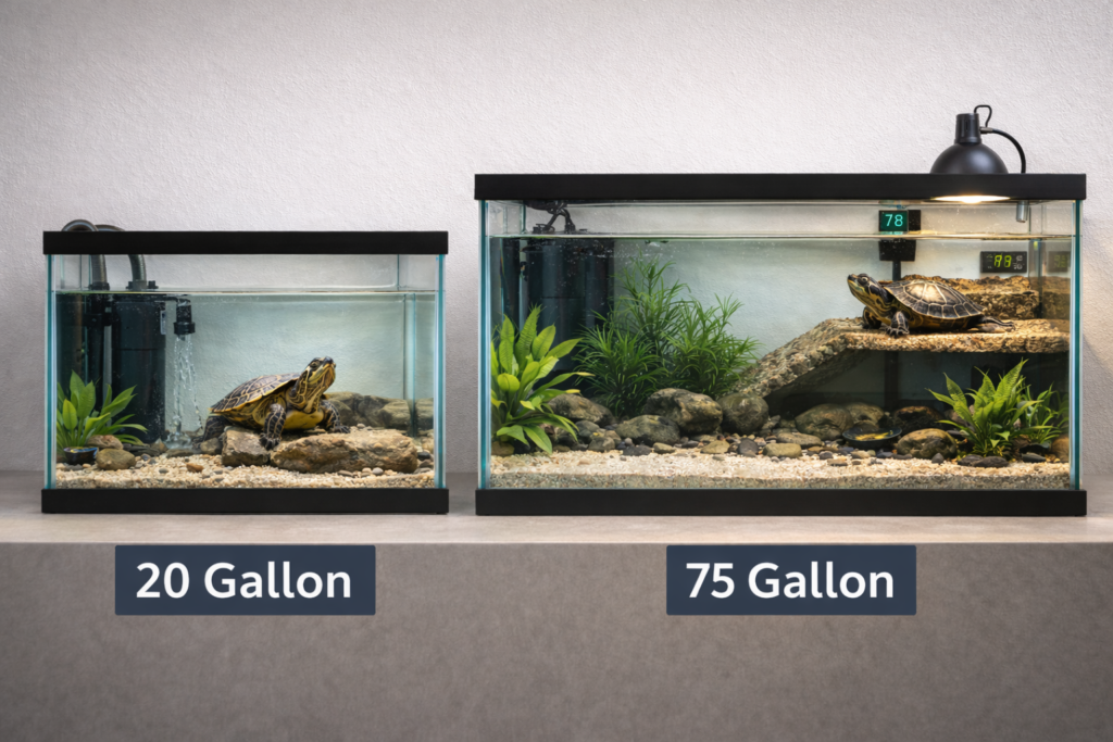 20 gallon vs 75 gallon turtle tank size comparison infographic