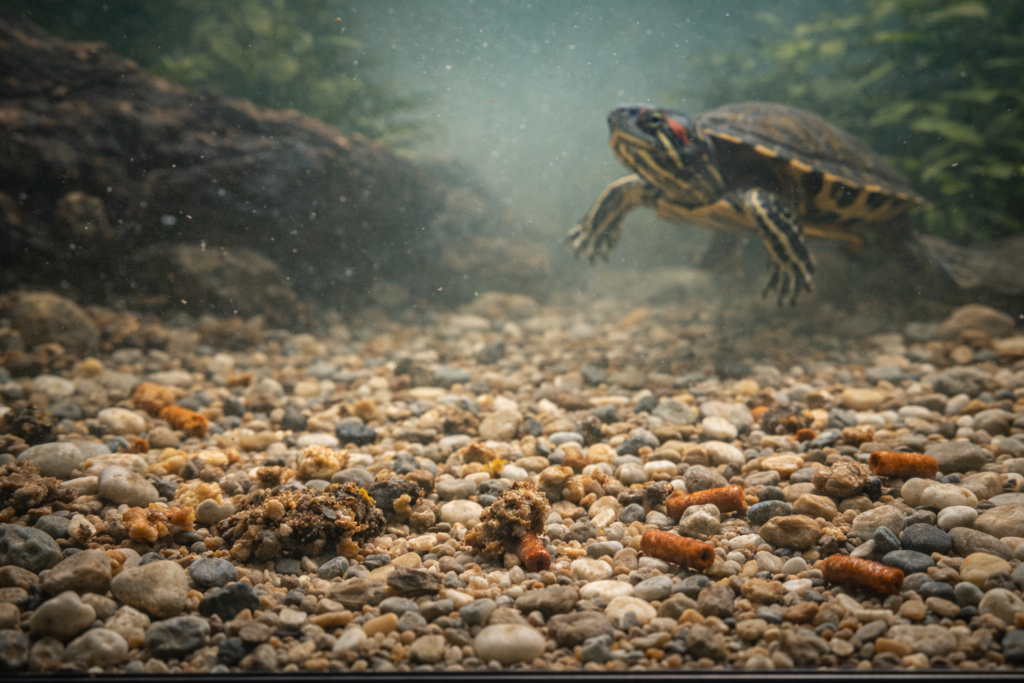 Turtle waste and uneaten food accumulating on aquarium substrate