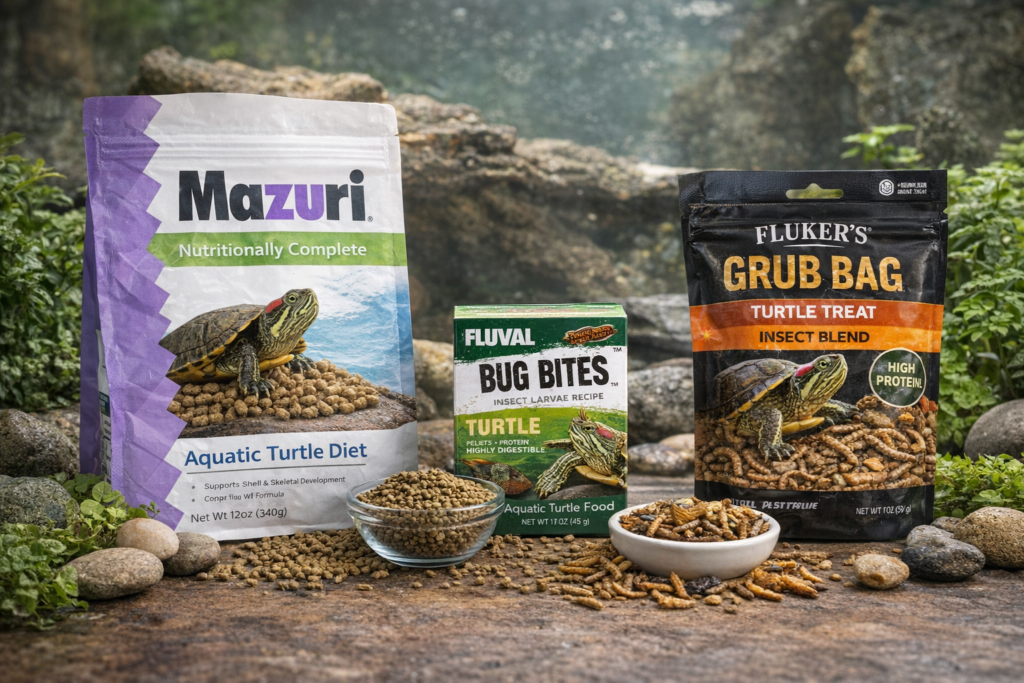 Variety of turtle foods including Mazuri aquatic turtle diet, Fluval Bug Bites, and Fluker’s Grub Bag treats