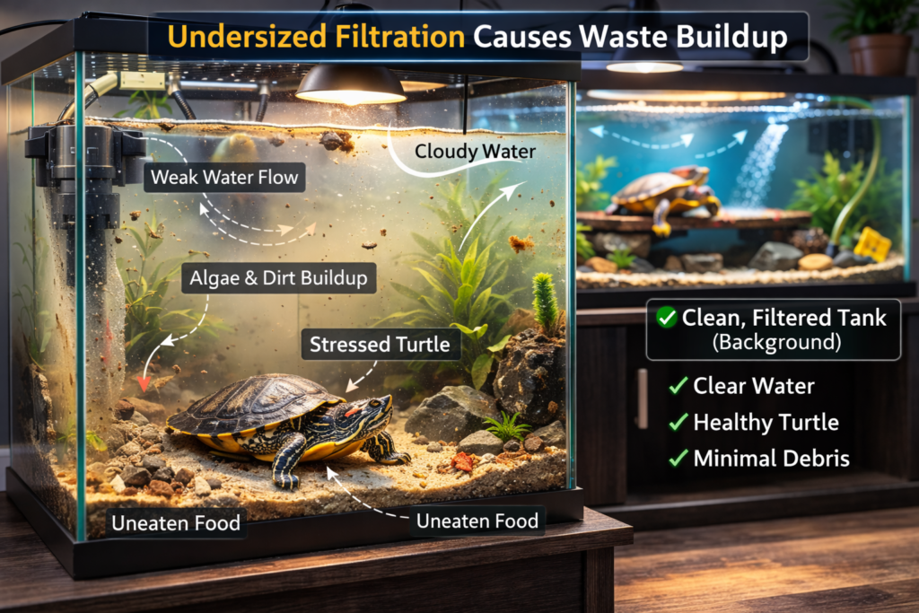 cloudy turtle tank caused by undersized filter in 75 gallon aquarium