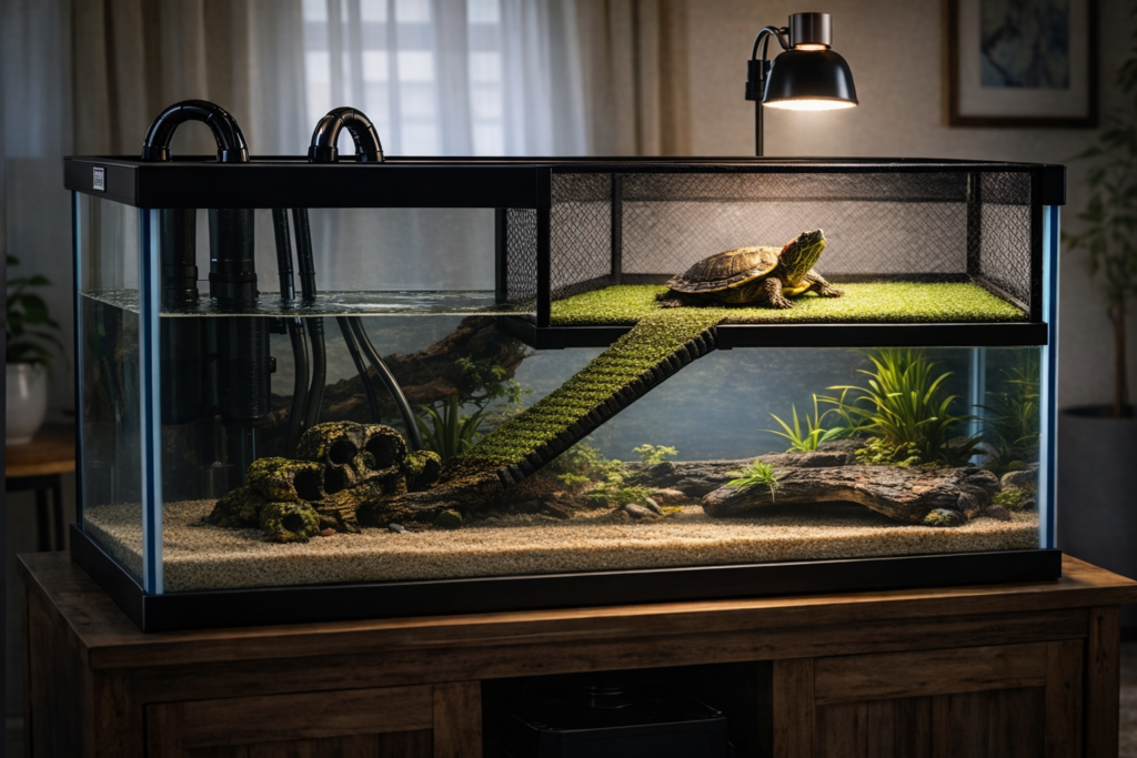 40 gallon turtle tank filter setup with red eared slider basking