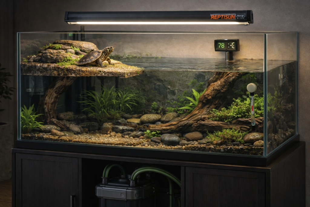 complete 75 gallon turtle tank setup with basking area and canister filter