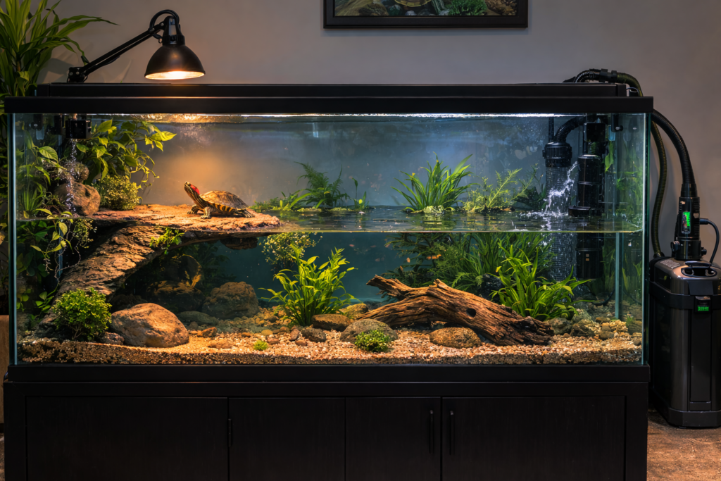 Red eared slider turtle behavior of basking on a platform under a heat lamp in a home aquarium