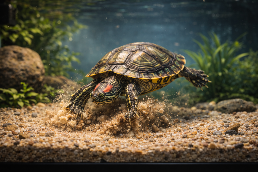 Red eared slider turtle digging aquarium substrate displaying natural turtle behavior in a home turtle tank