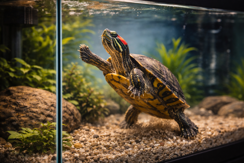 Red eared slider turtle swimming against aquarium glass showing glass surfing turtle behavior