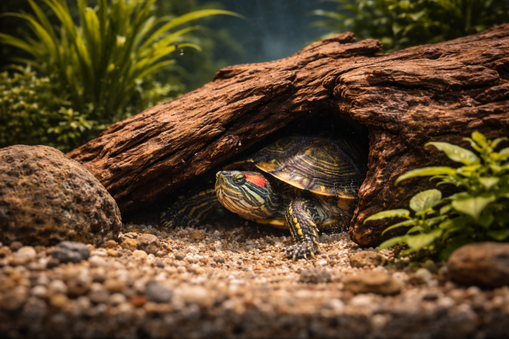 Red eared slider turtle hiding behind driftwood decoration in aquarium showing natural turtle behavior
