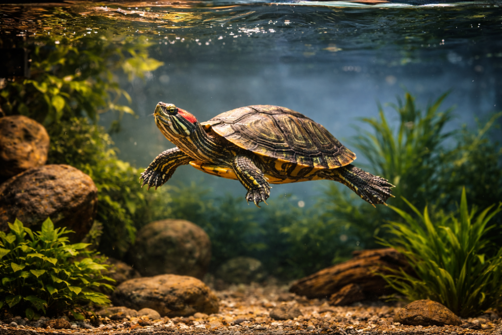 Red eared slider turtle swimming underwater in a home aquarium showing natural turtle behavior