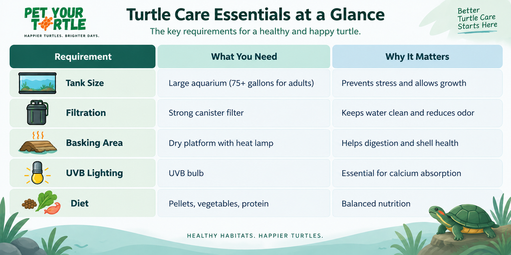 Turtle care essentials infographic showing recommended tank size, filtration, basking area, UVB lighting, and diet, with the requirements and health benefits of each.