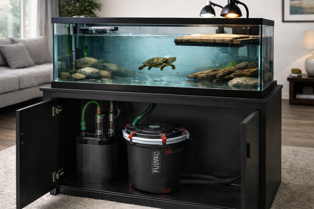 external canister filter connected to turtle aquarium with intake and output tubes