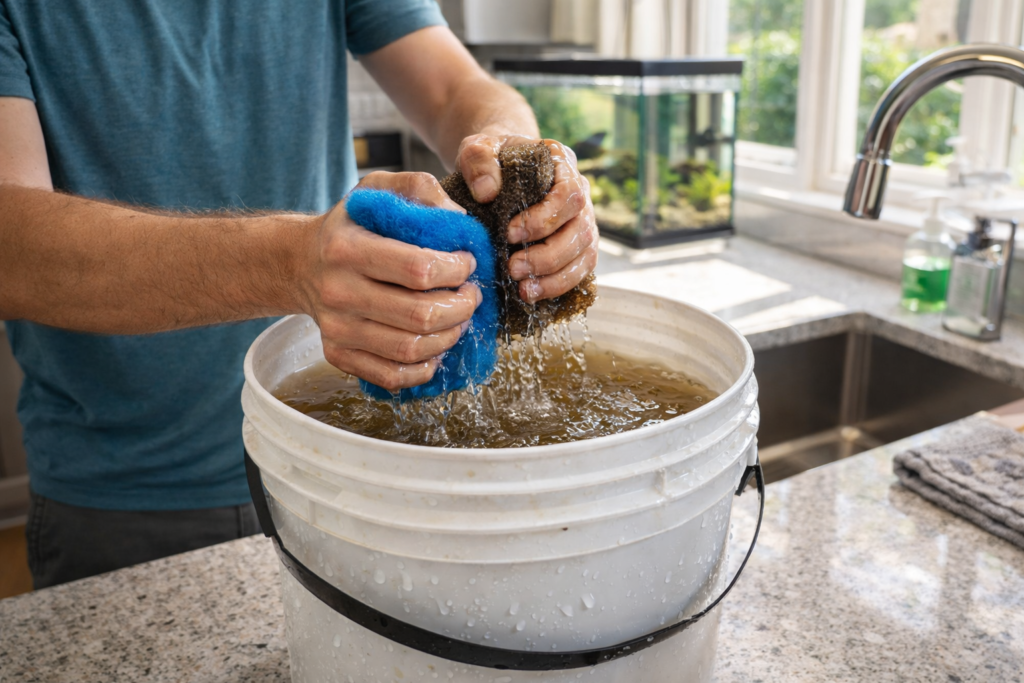 rinsing turtle canister filter media in tank water