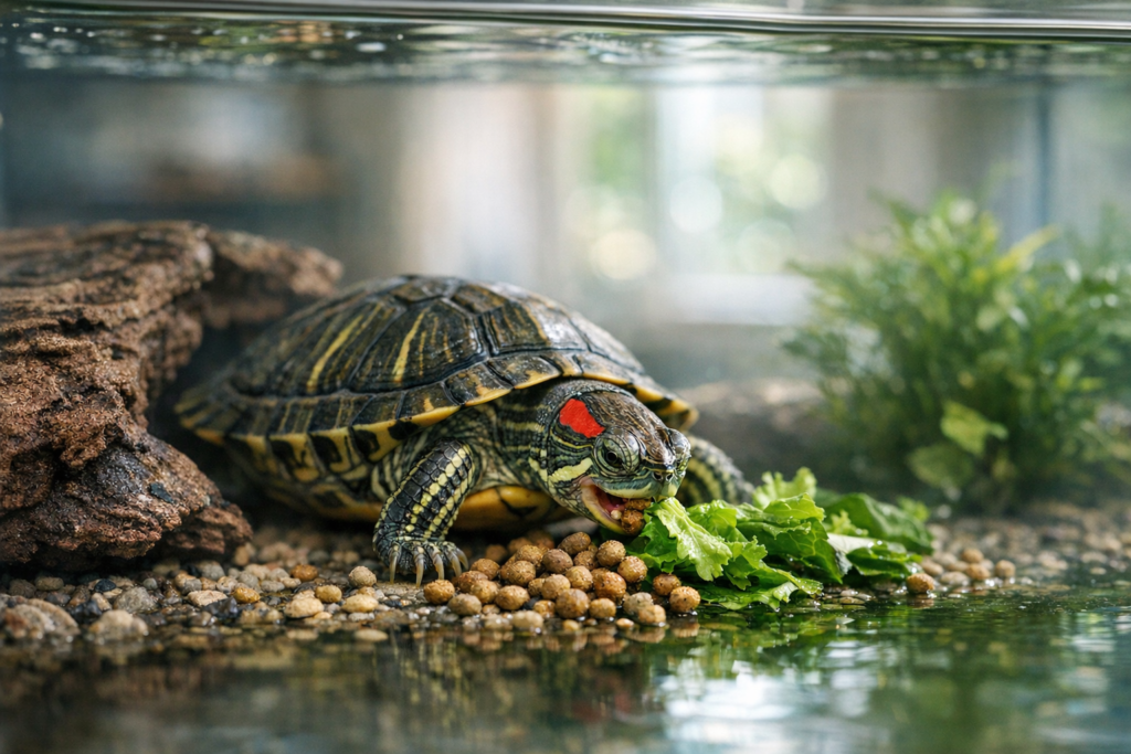 red eared slider eating pellets and greens in a clean turtle tank