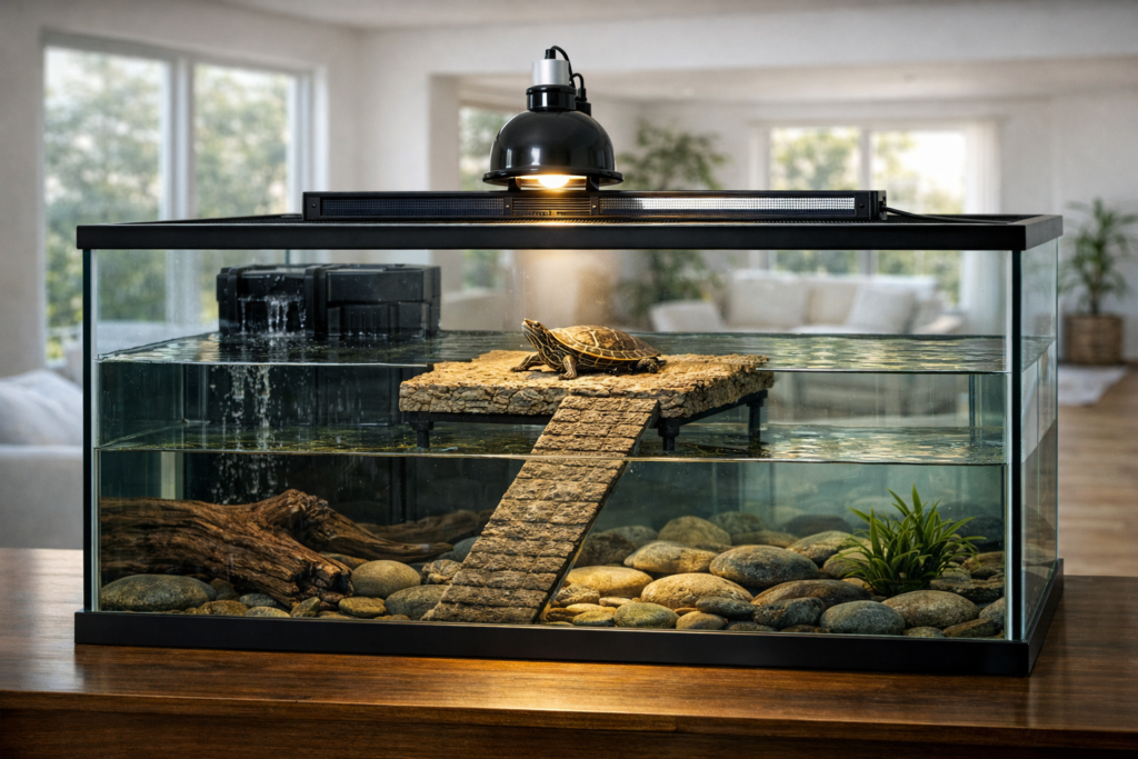 complete red eared slider tank setup with basking area and filter
