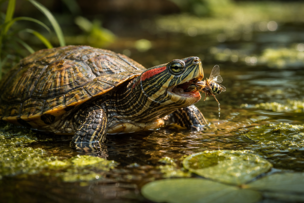 red eared slider eating insect in natural pond environment