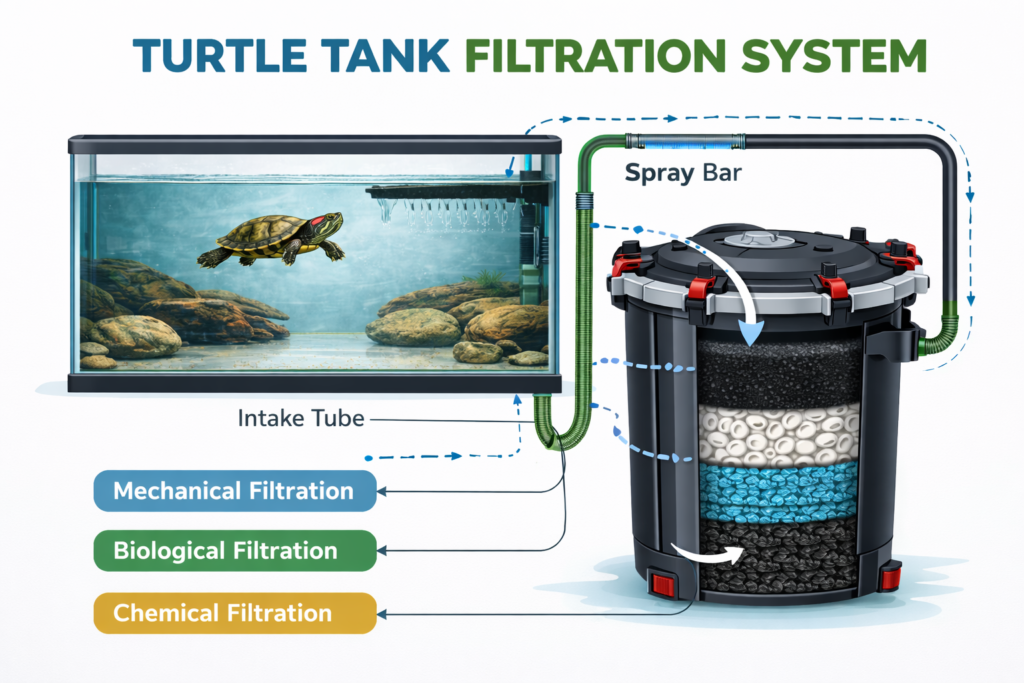 diagram showing how canister filter works in turtle aquarium