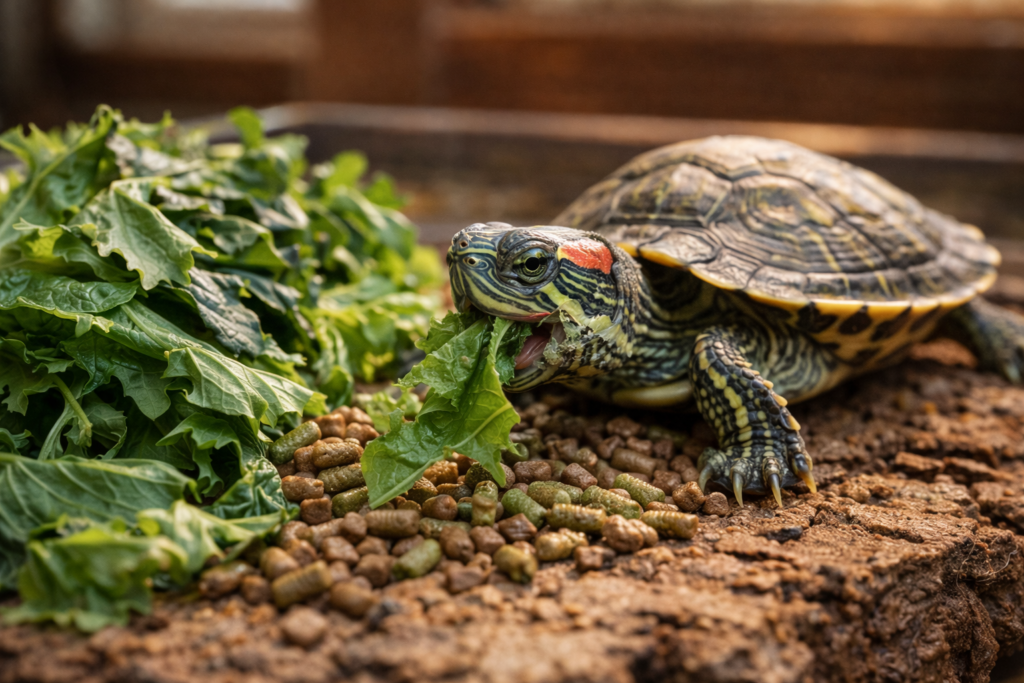 feeding red eared slider pellets and leafy greens