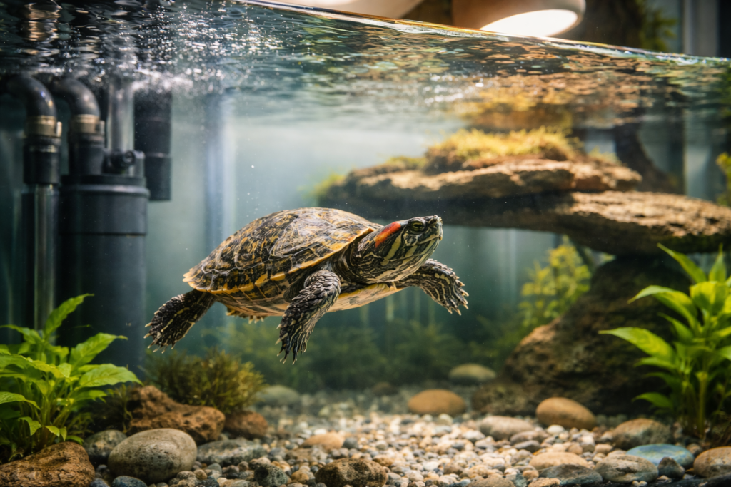 Red eared slider turtle swimming in a clean filtered aquarium tank