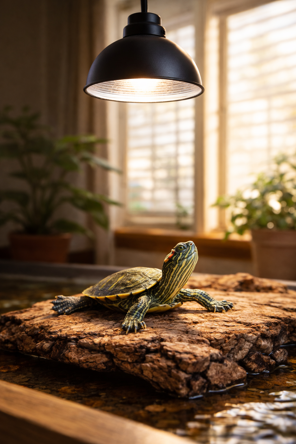 red eared slider basking under UVB light