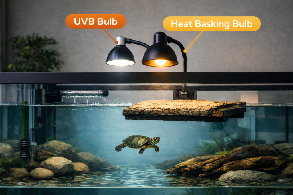UVB and heat lamp installed above turtle basking platform