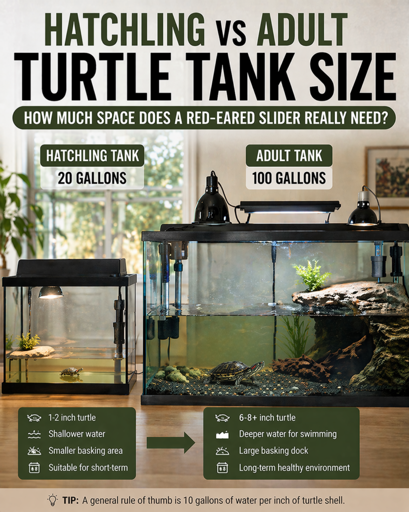 Red eared slider turtle tank size comparison showing hatchling in 20 gallon tank and adult turtle in 100 gallon aquarium with proper basking and filtration setup