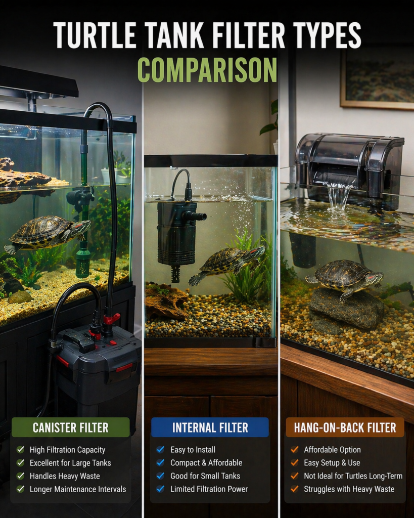 comparison of turtle tank filter types showing canister filter, internal filter, and hang on back filter setups with red eared slider turtles in aquariums