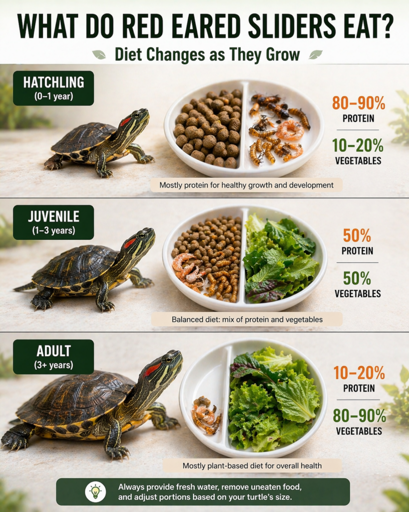 red eared slider diet chart showing food proportions for hatchling juvenile and adult turtles with protein and vegetable balance